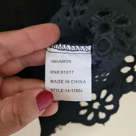 Solitaire Peasant Black Top Tunic Womens 3x Bohemian Kimono Sleeve Eyelet Boho - Picture 4 of 7